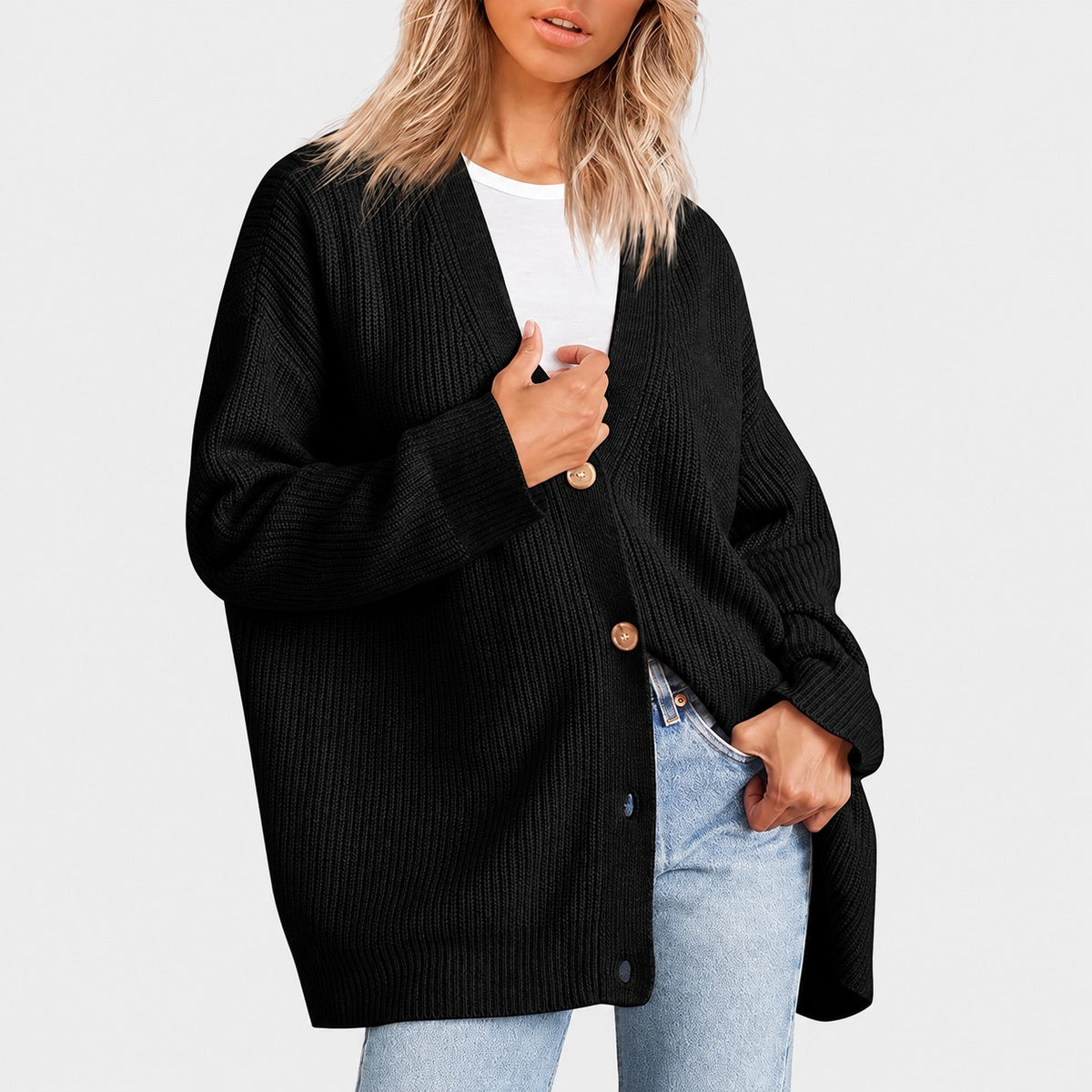 Cardigan femme à col V boutonné coupe oversize