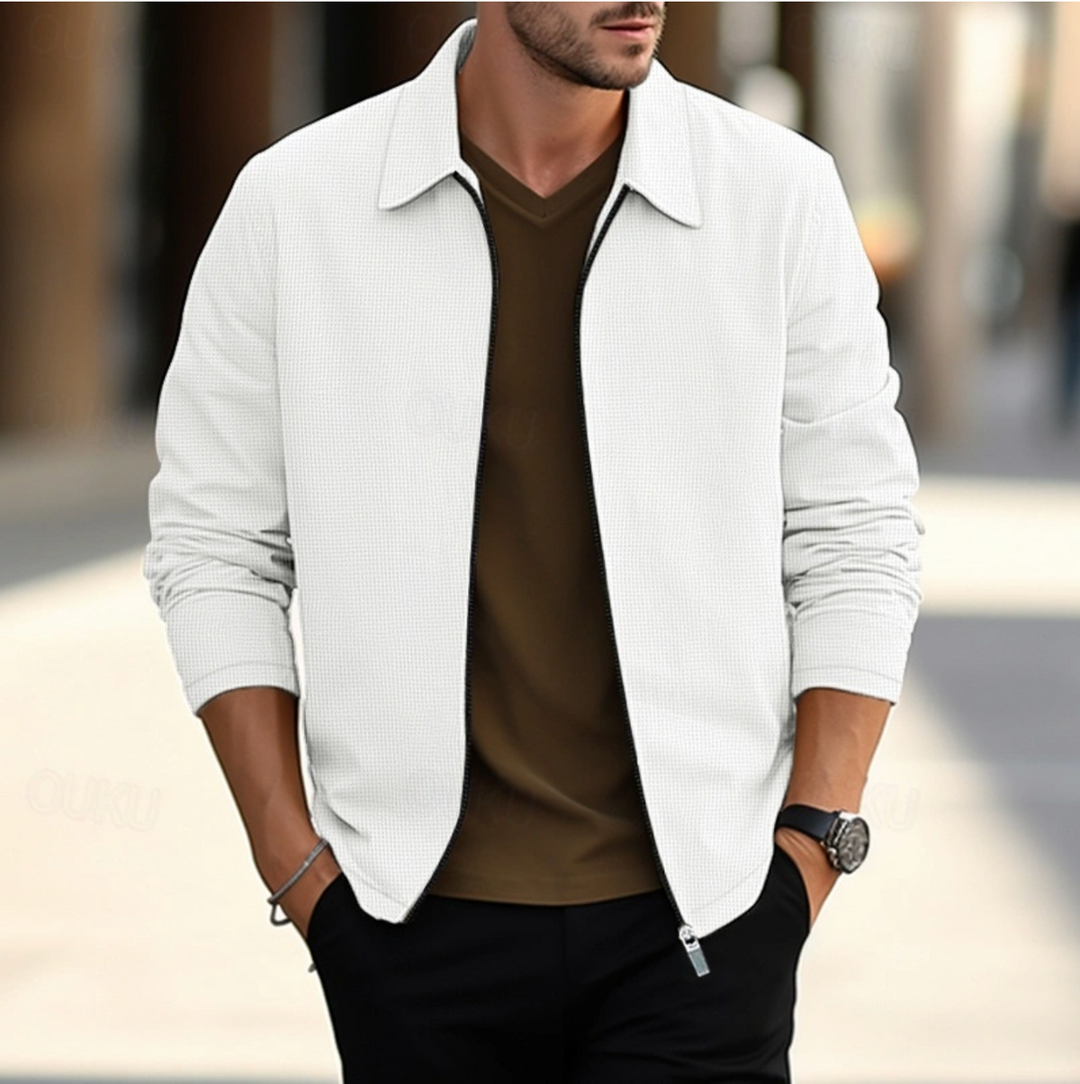 Chemise à manches longues pour homme à col classique et fermeture éclair ajustée
