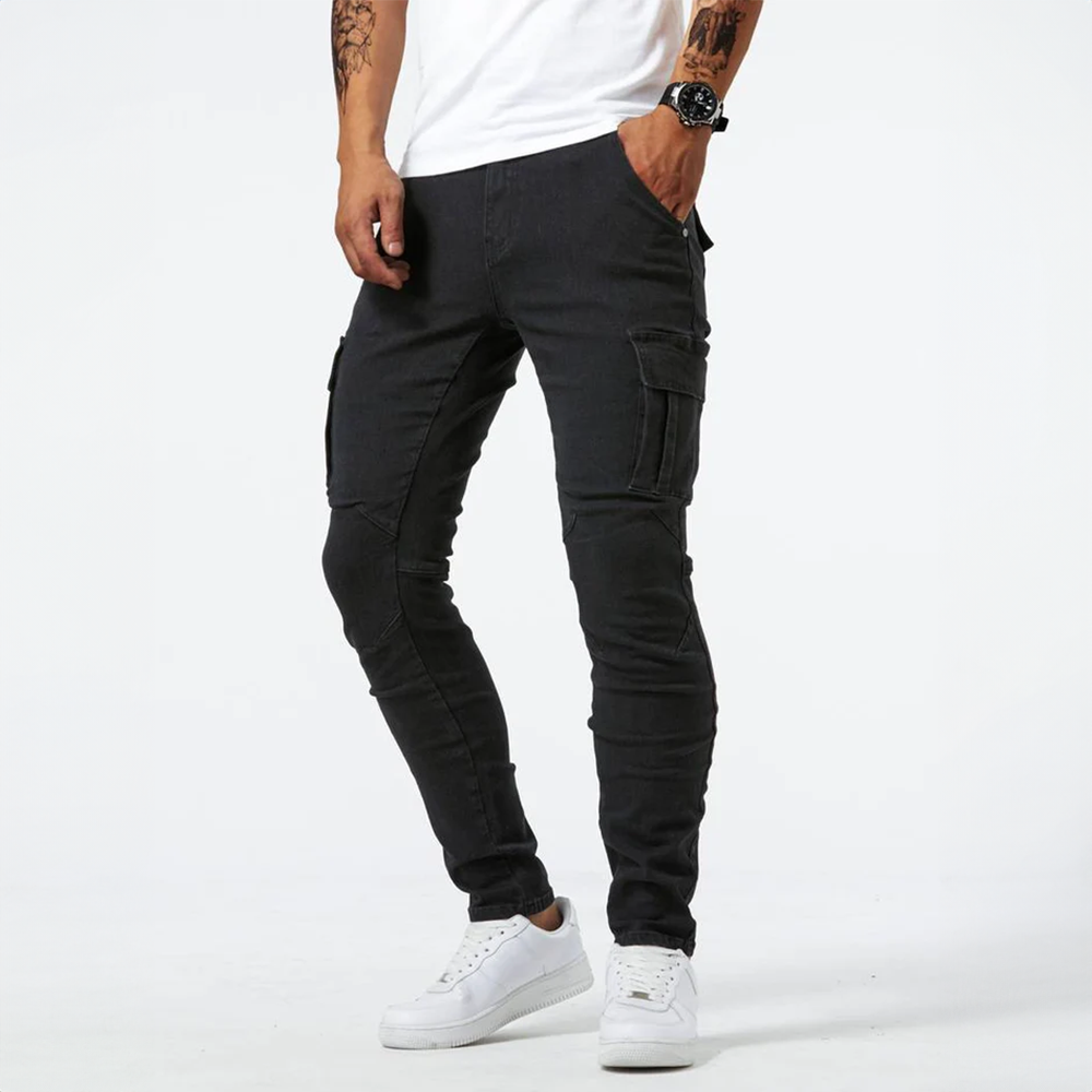 Jeans cargo homme coupe slim stretch avec poches latérales