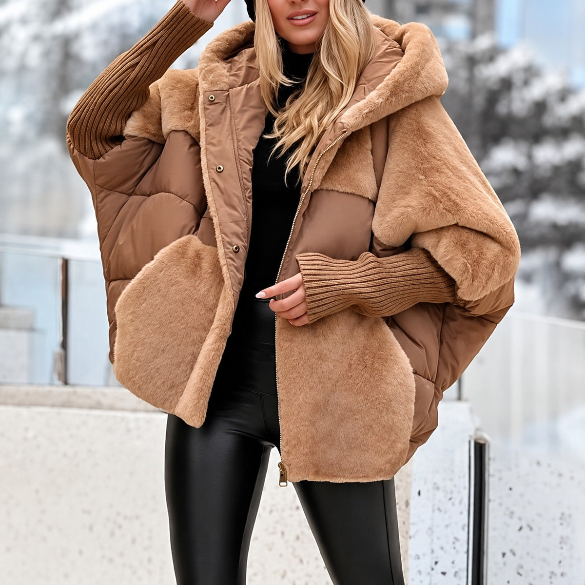Manteau matelassé femme à capuche, fermeture éclair, coupe oversize, courte