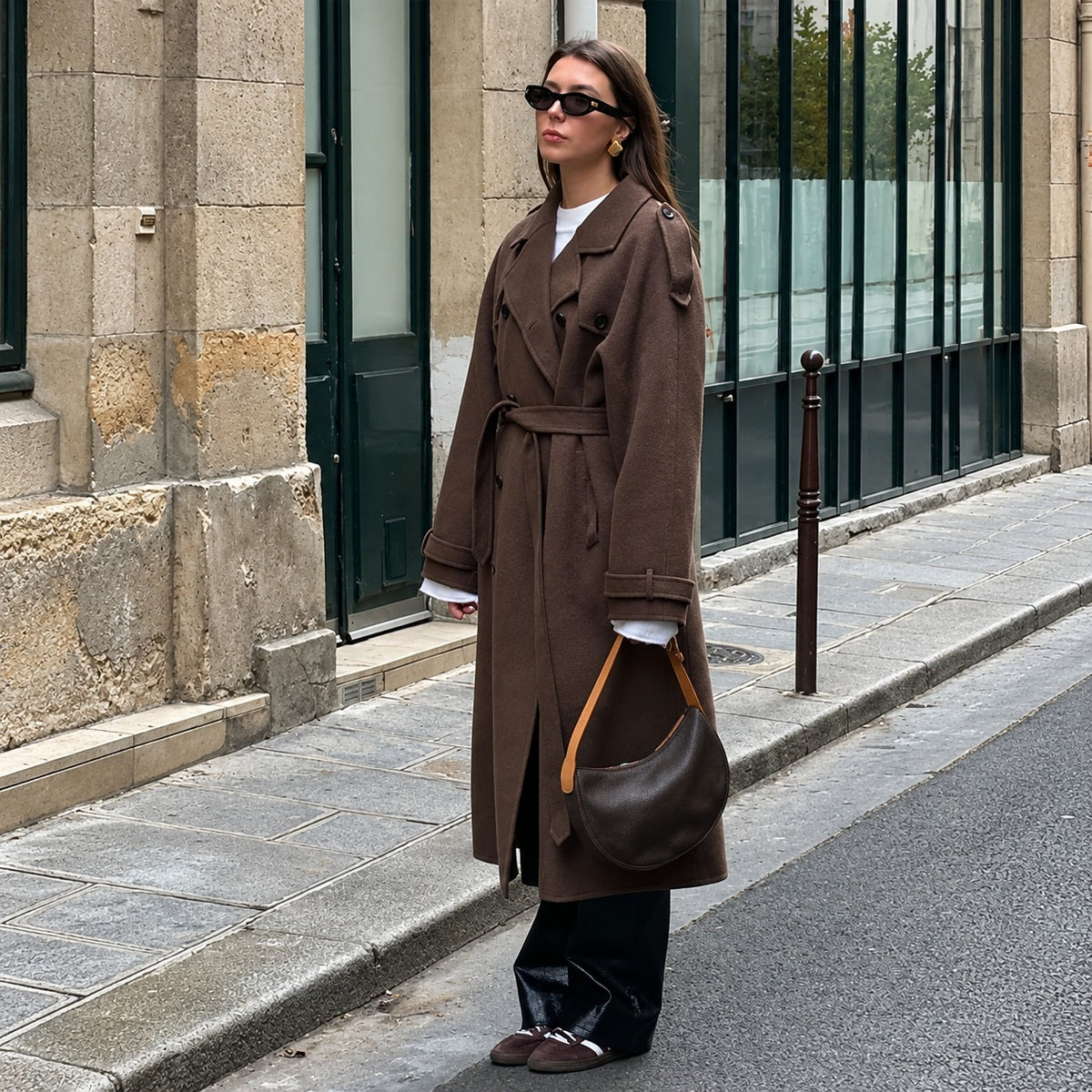 Manteau pour femmes à double boutonnage, col classique, ceinture, manches longues