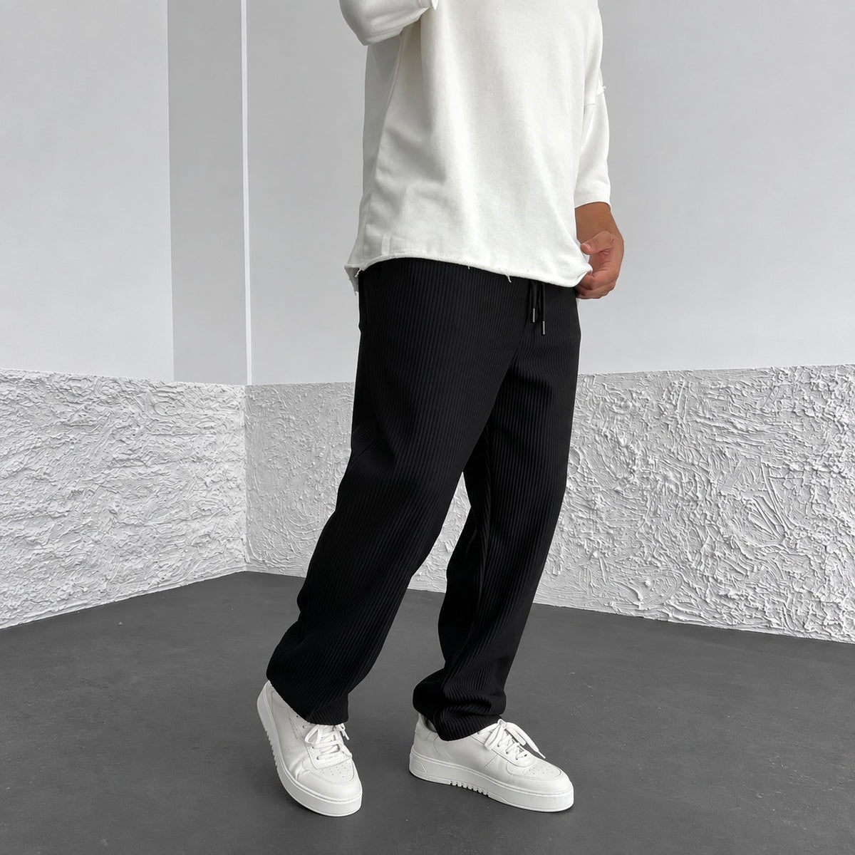 Pantalons en côtelé pour hommes coupe ample taille élastique avec cordon de serrage