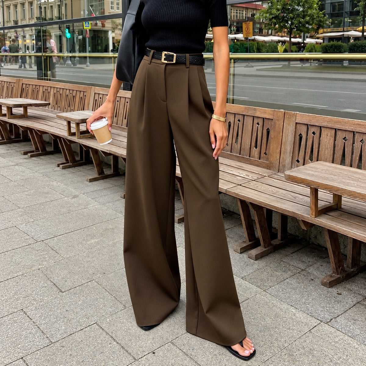 Pantalons femme à jambes larges haute taille à plis - coupe régulière