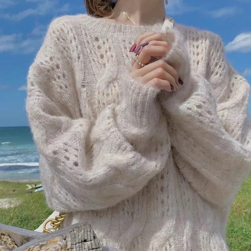 Pull-over femme oversize à manches longues et détails en maille ajourée