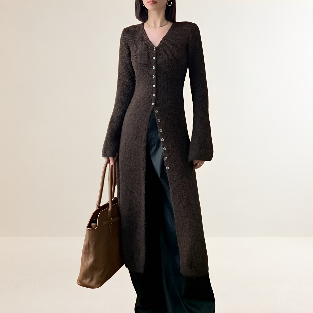 Robe pull femme V-neck boutonnée long cardigan midi coupe décontractée