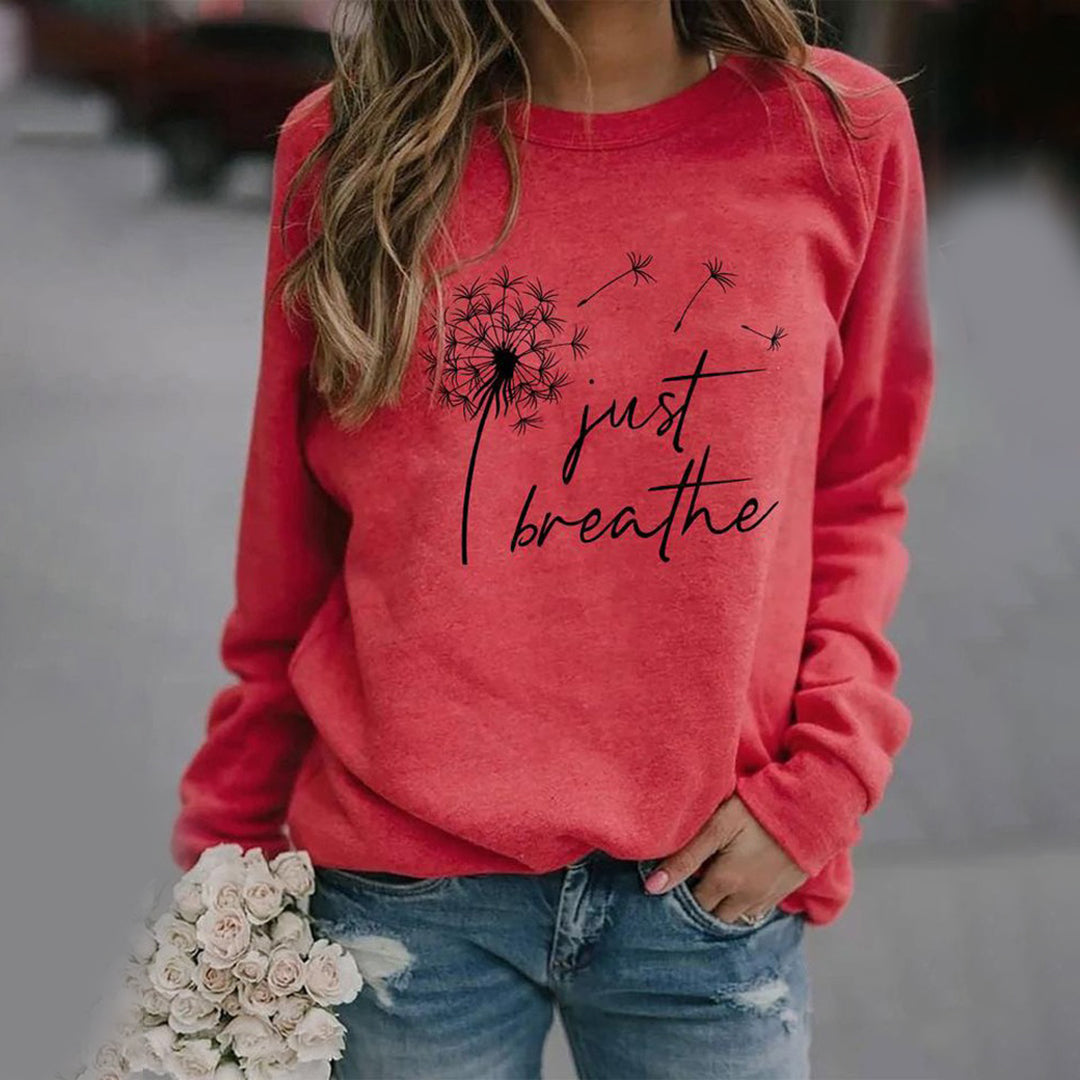 Sweatshirt décontracté pour femmes à motif 'Just Breathe' avec col rond et manches longues