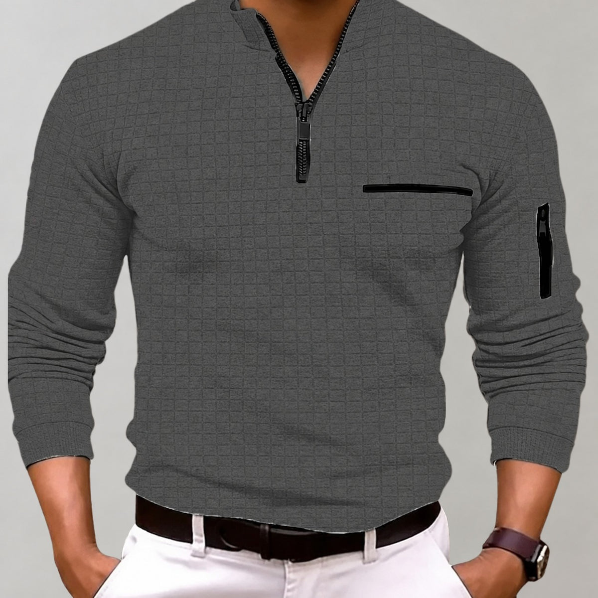 Sweatshirt homme à col zippé avec poche poitrine manches longues ajusté
