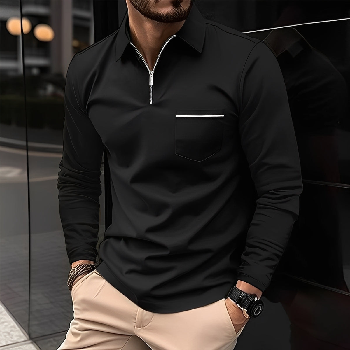 Florent - Polo à manches longues pour homme avec fermeture éclair