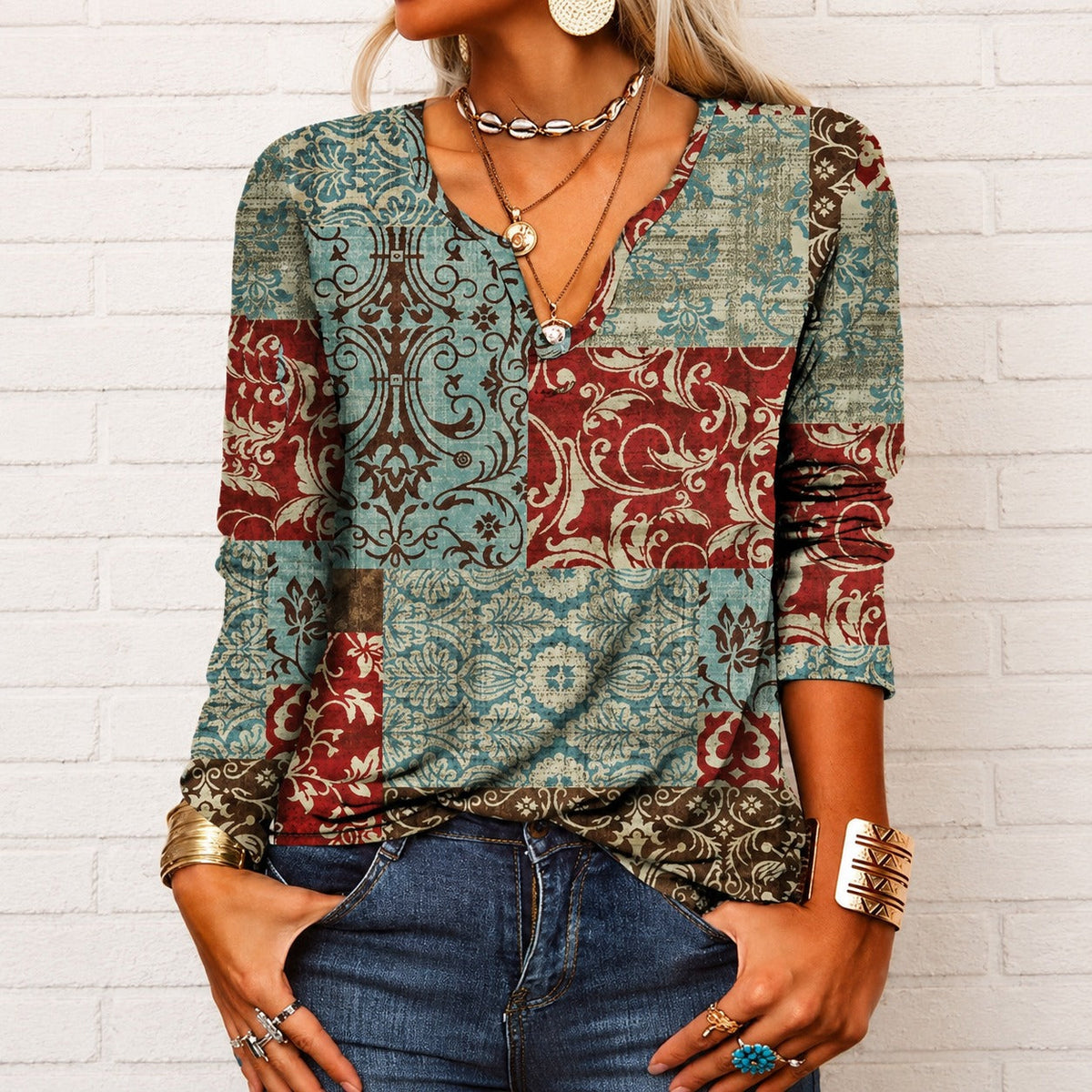 Katharina - Blouse style bohème avec manches longues et col en V
