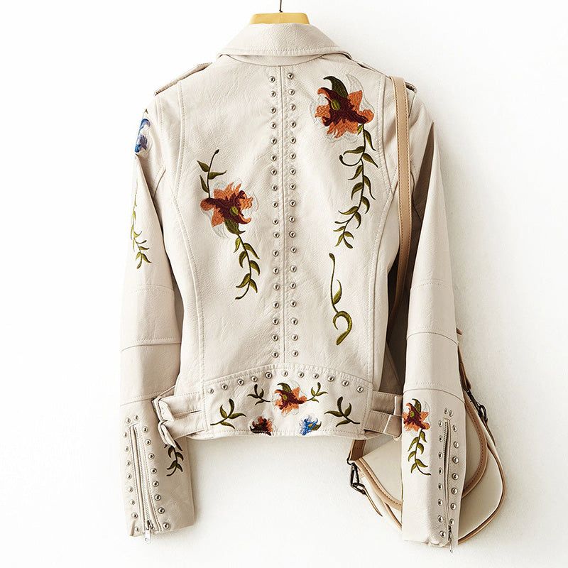 Blouson motard pour femme avec broderies florales et studs - coupe slim