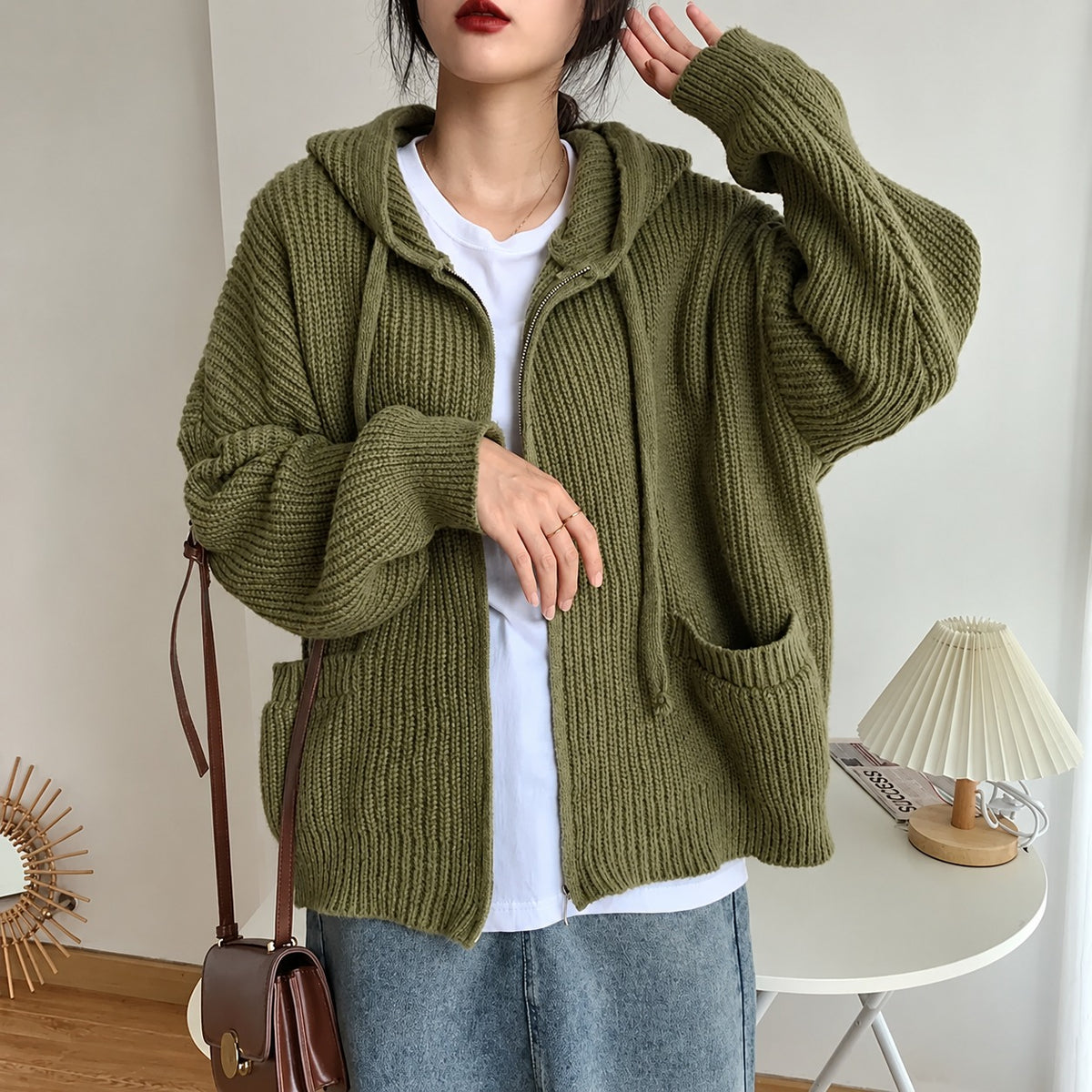 Cardigan à capuche pour femmes avec fermeture éclair, poches et coupe oversize