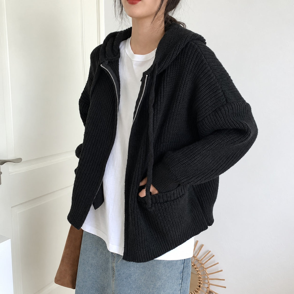 Cardigan à capuche pour femmes avec fermeture éclair, poches et coupe oversize