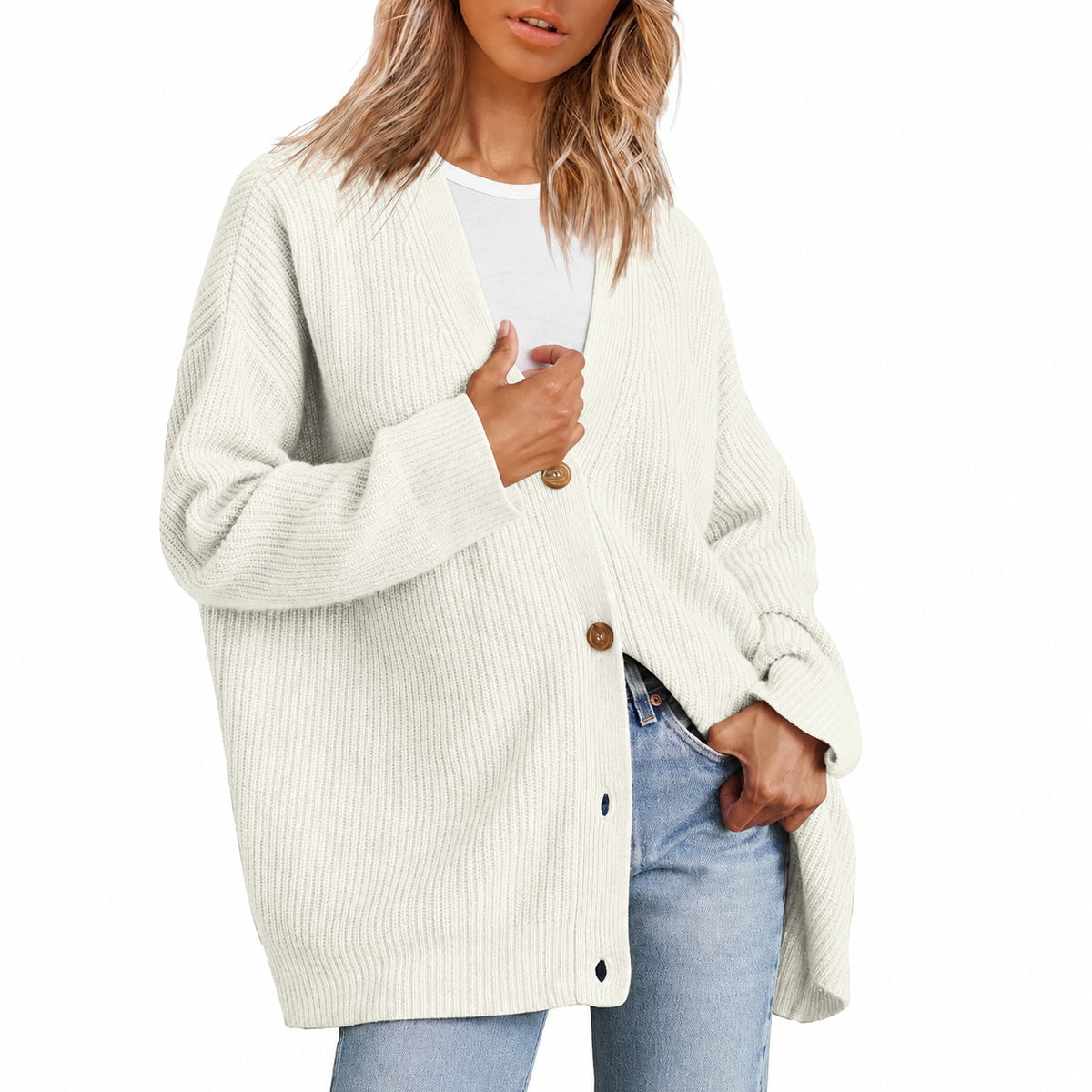 Cardigan femme à col V boutonné coupe oversize