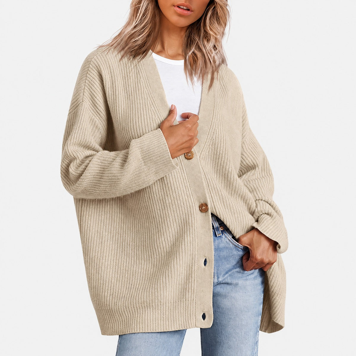 Cardigan femme à col V boutonné coupe oversize
