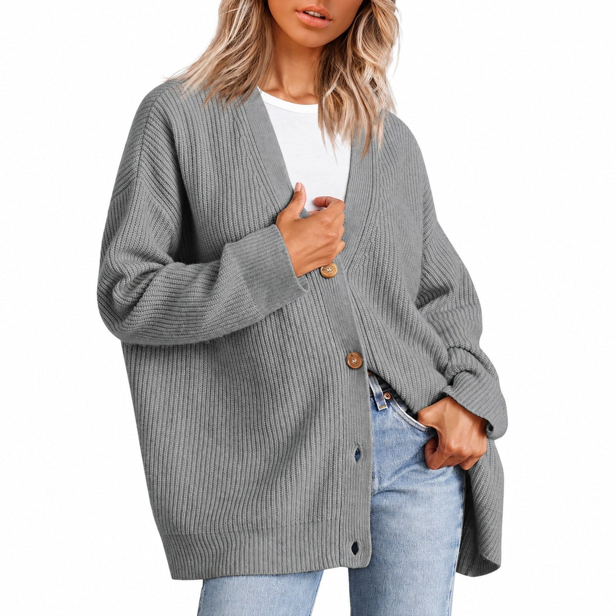 Cardigan femme à col V boutonné coupe oversize
