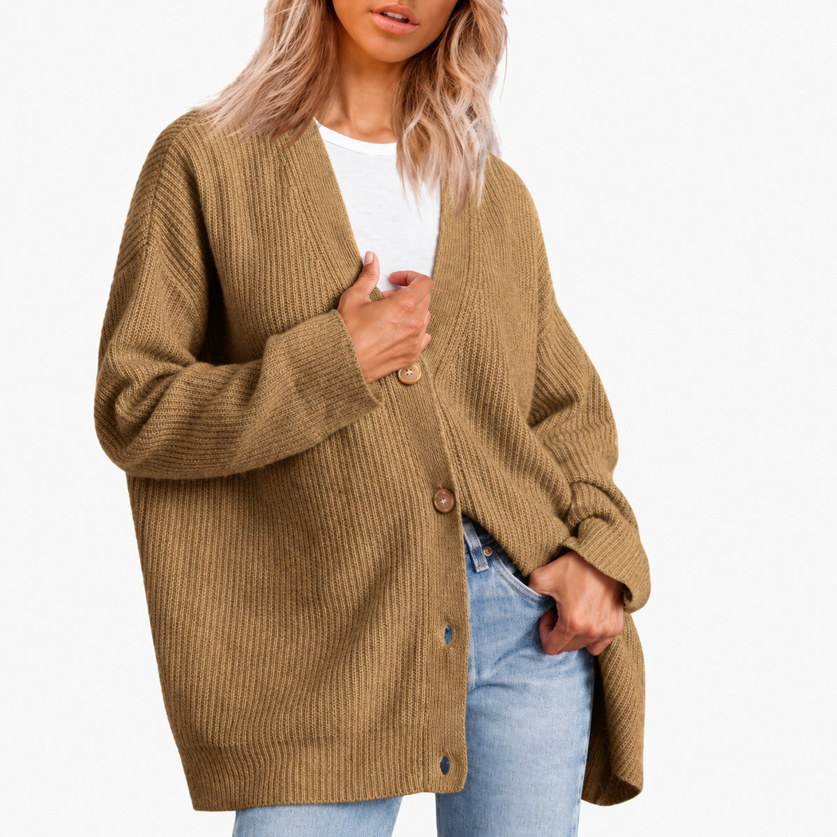 Cardigan femme à col V boutonné coupe oversize