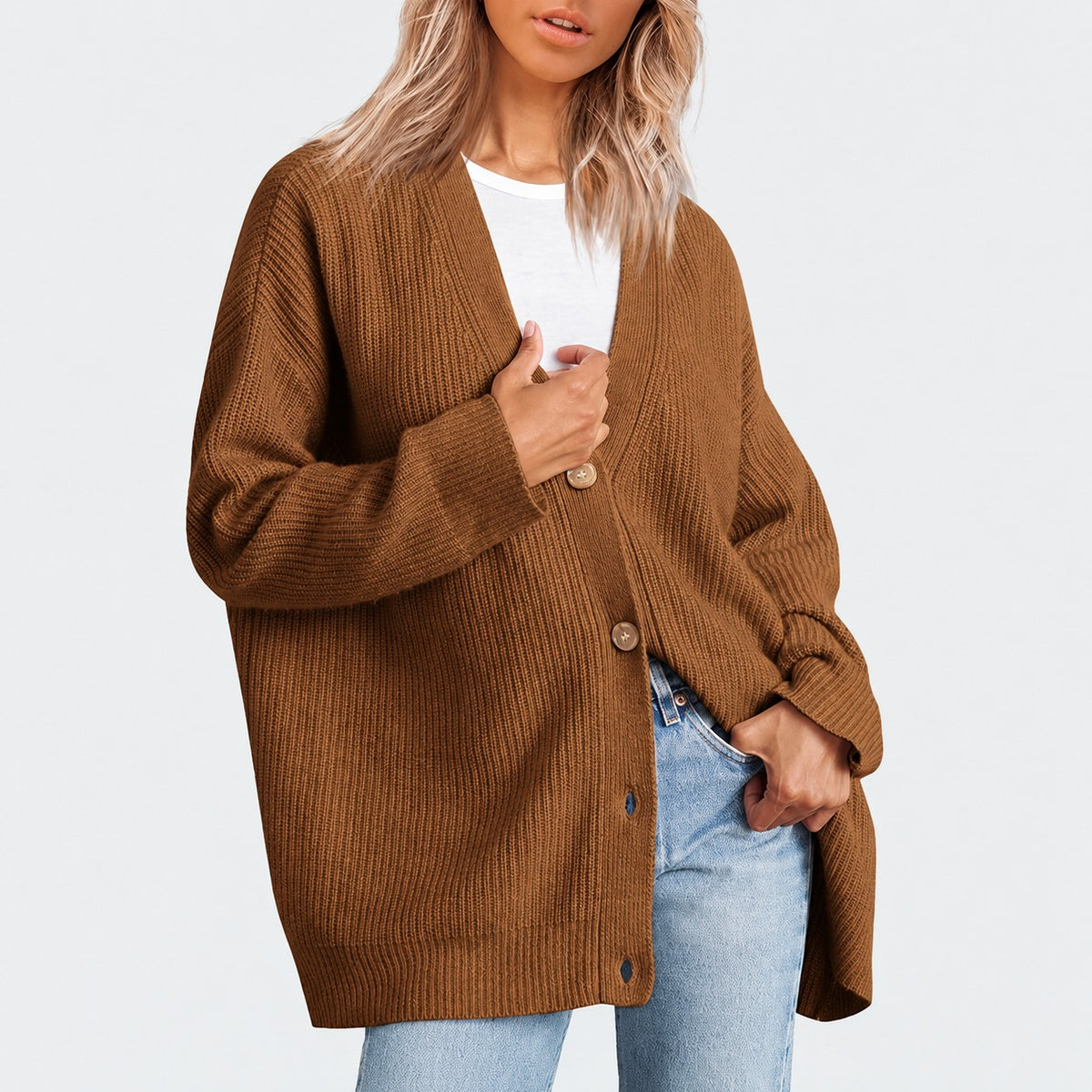 Cardigan femme à col V boutonné coupe oversize