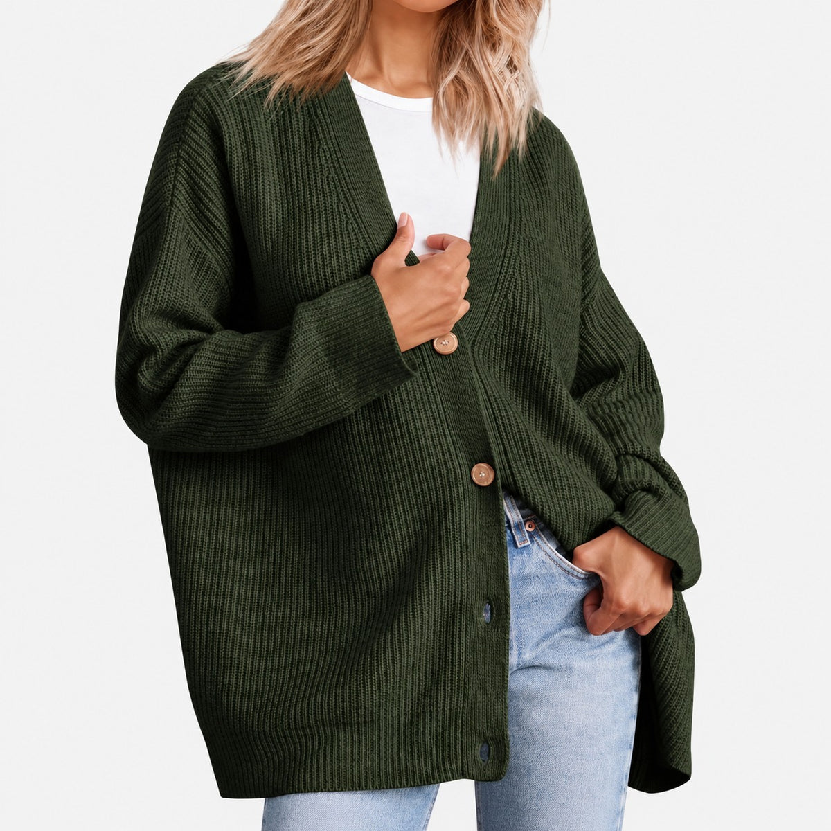 Cardigan femme à col V boutonné coupe oversize