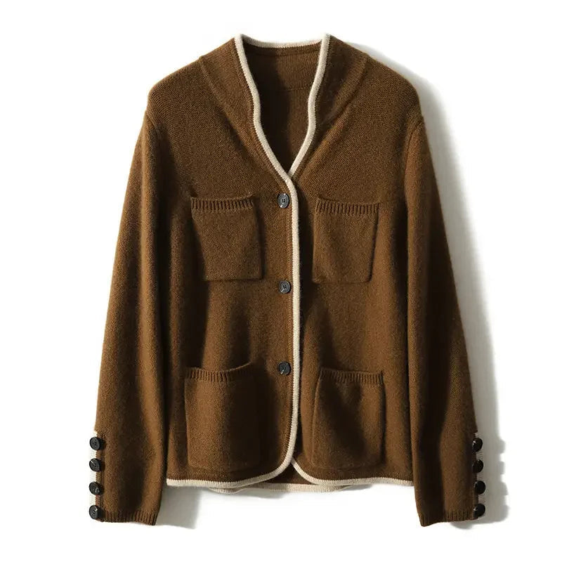 Cardigan for Women - Button Closure with Pockets and Contrast Trim