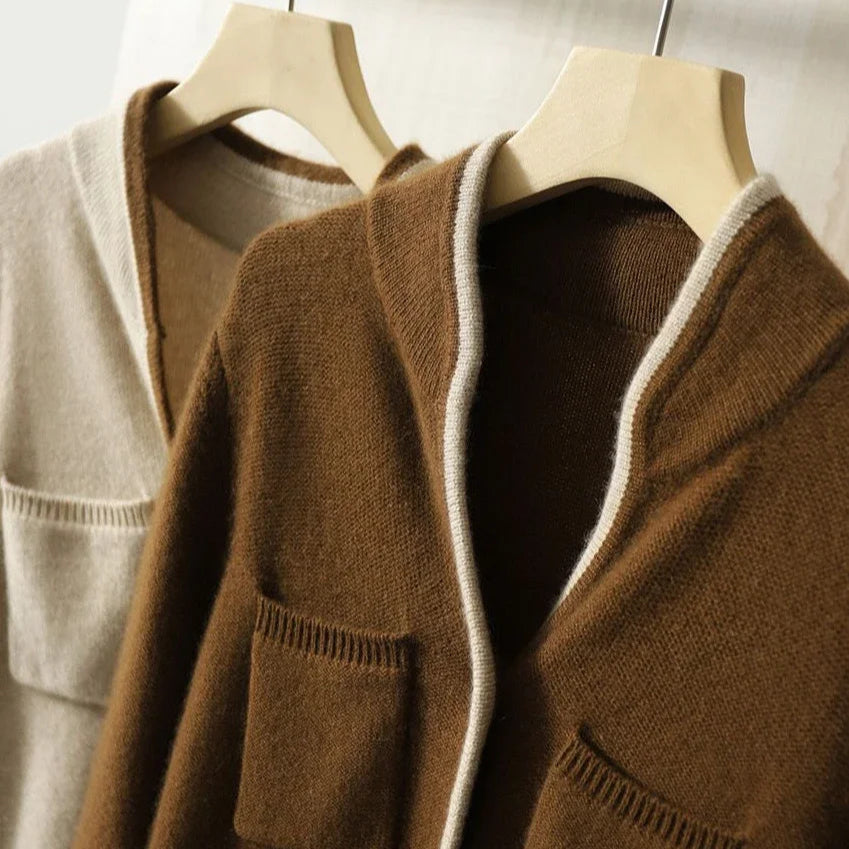 Cardigan for Women - Button Closure with Pockets and Contrast Trim