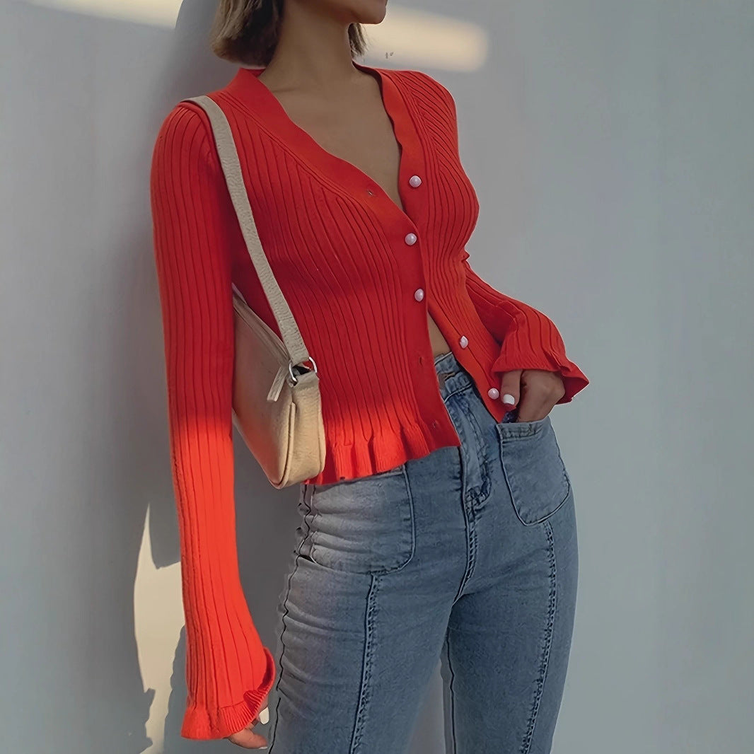 Cardigan pour femmes à boutons, col V, coupe slim, manches longues côtelées