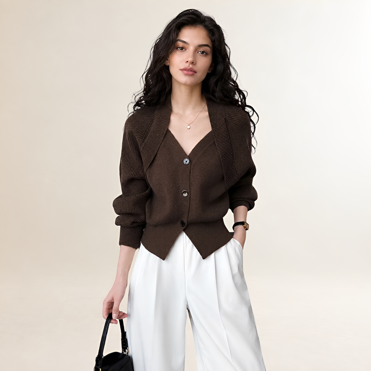 Cardigan pour femmes à col en V fermeture bouton manches longues coupe régulière