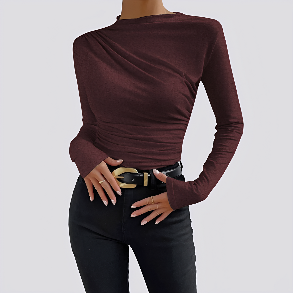 Chemise femme à manches longues col montant à ruché - coupe régulière