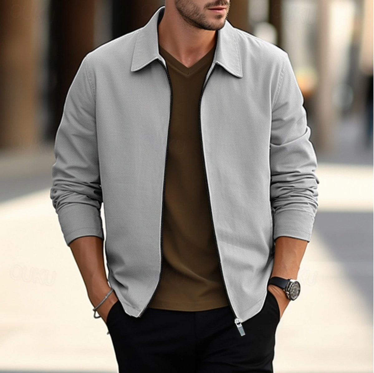 Chemise à manches longues pour homme à col classique et fermeture éclair ajustée