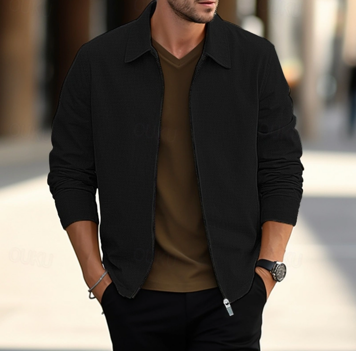 Chemise à manches longues pour homme à col classique et fermeture éclair ajustée
