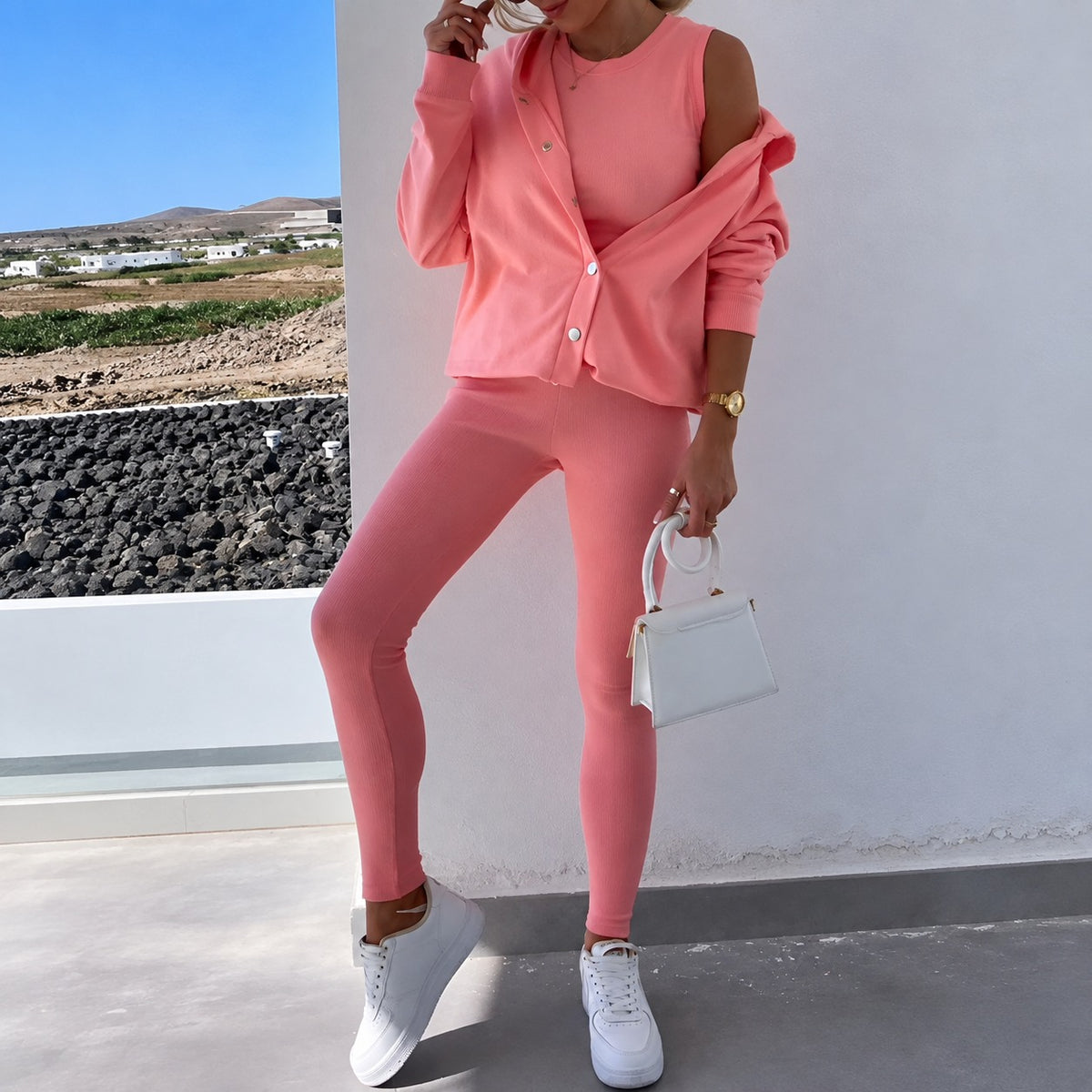 Ensemble femme cardigan à manches longues boutonné et leggings ajustés