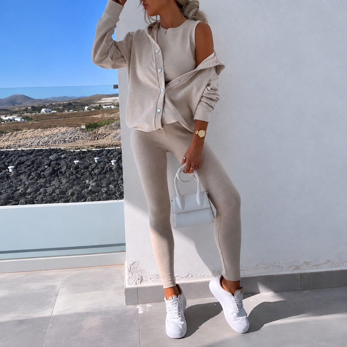 Ensemble femme cardigan à manches longues boutonné et leggings ajustés