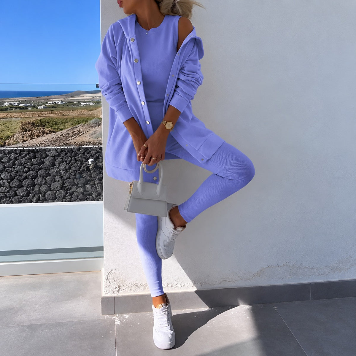Ensemble femme cardigan à manches longues boutonné et leggings ajustés