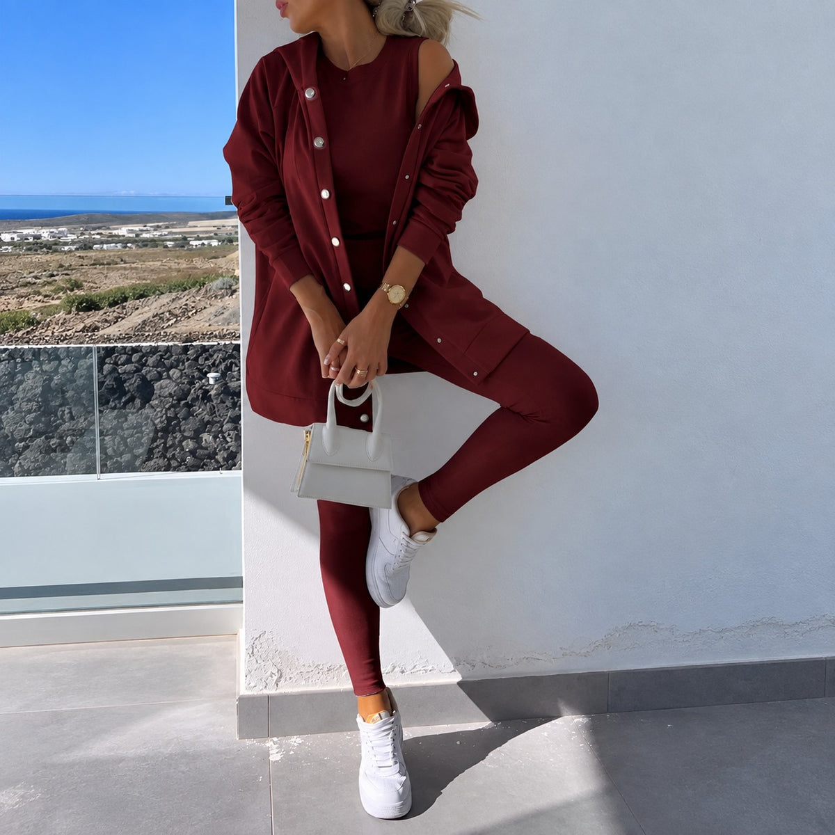 Ensemble femme cardigan à manches longues boutonné et leggings ajustés