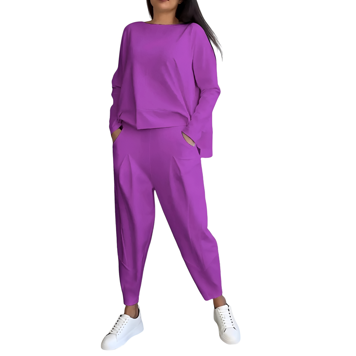 Ensemble femme haut à manches longues et pantalon ajusté coupe décontractée