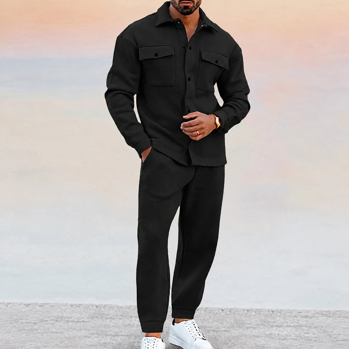 Ensemble homme veste décontractée et pantalon jogger à poches et bouton