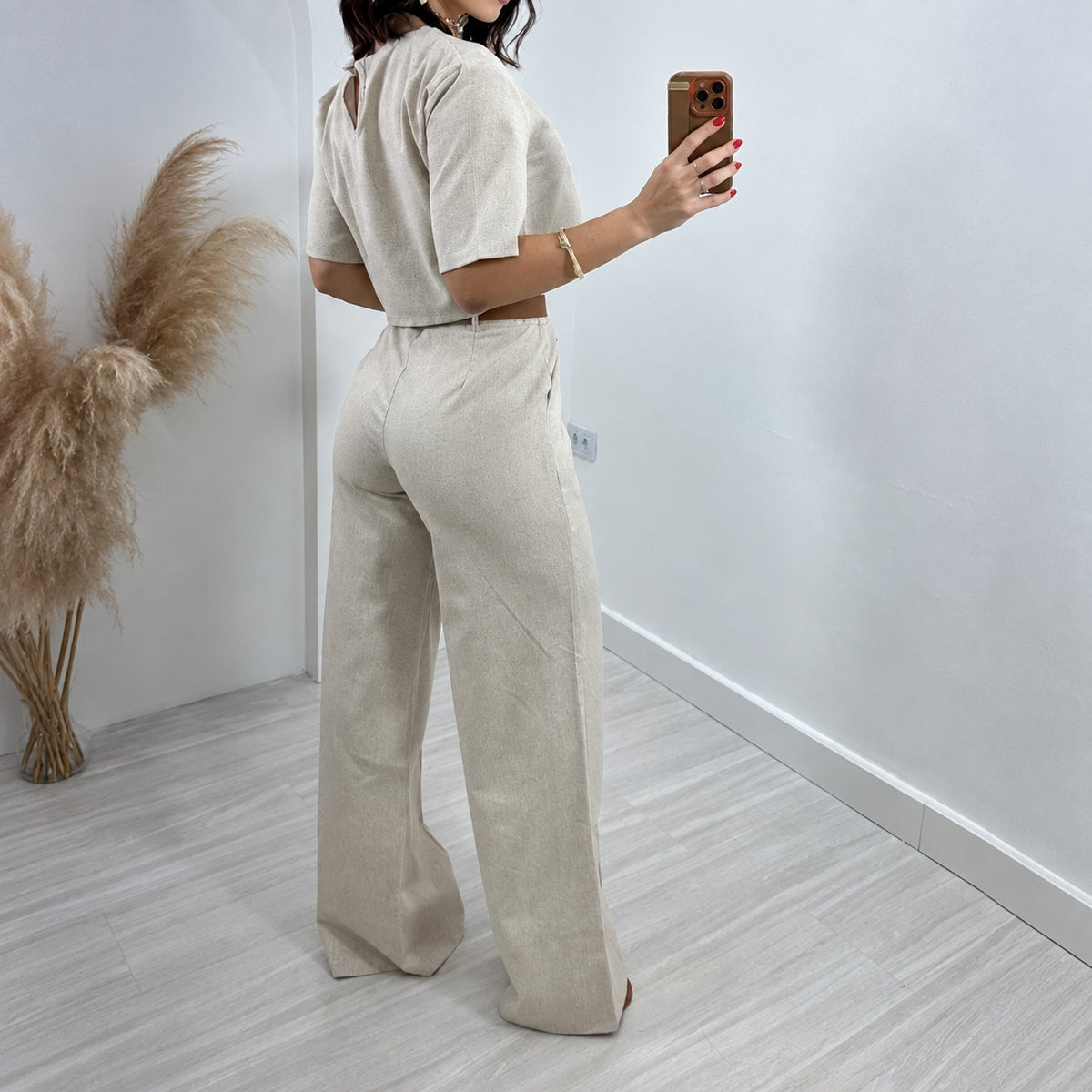 Ensemble tailleur deux pièces pour femmes top court et pantalon large taille haute