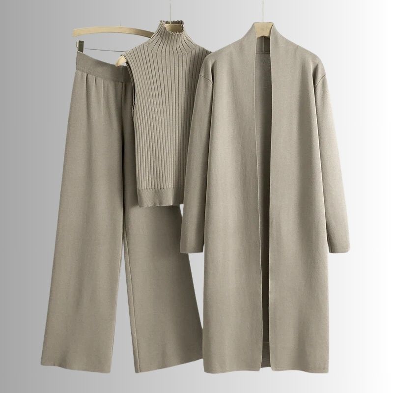 Ensemble trois pièces femme haut à col haut et pantalon à jambes larges
