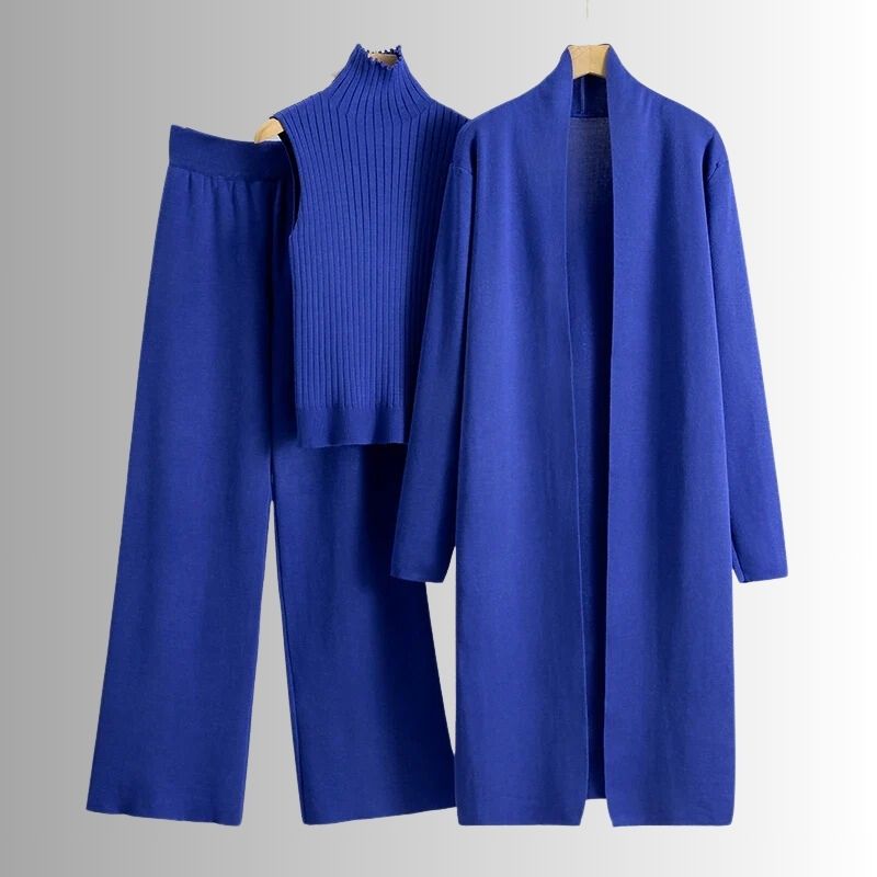 Ensemble trois pièces femme haut à col haut et pantalon à jambes larges