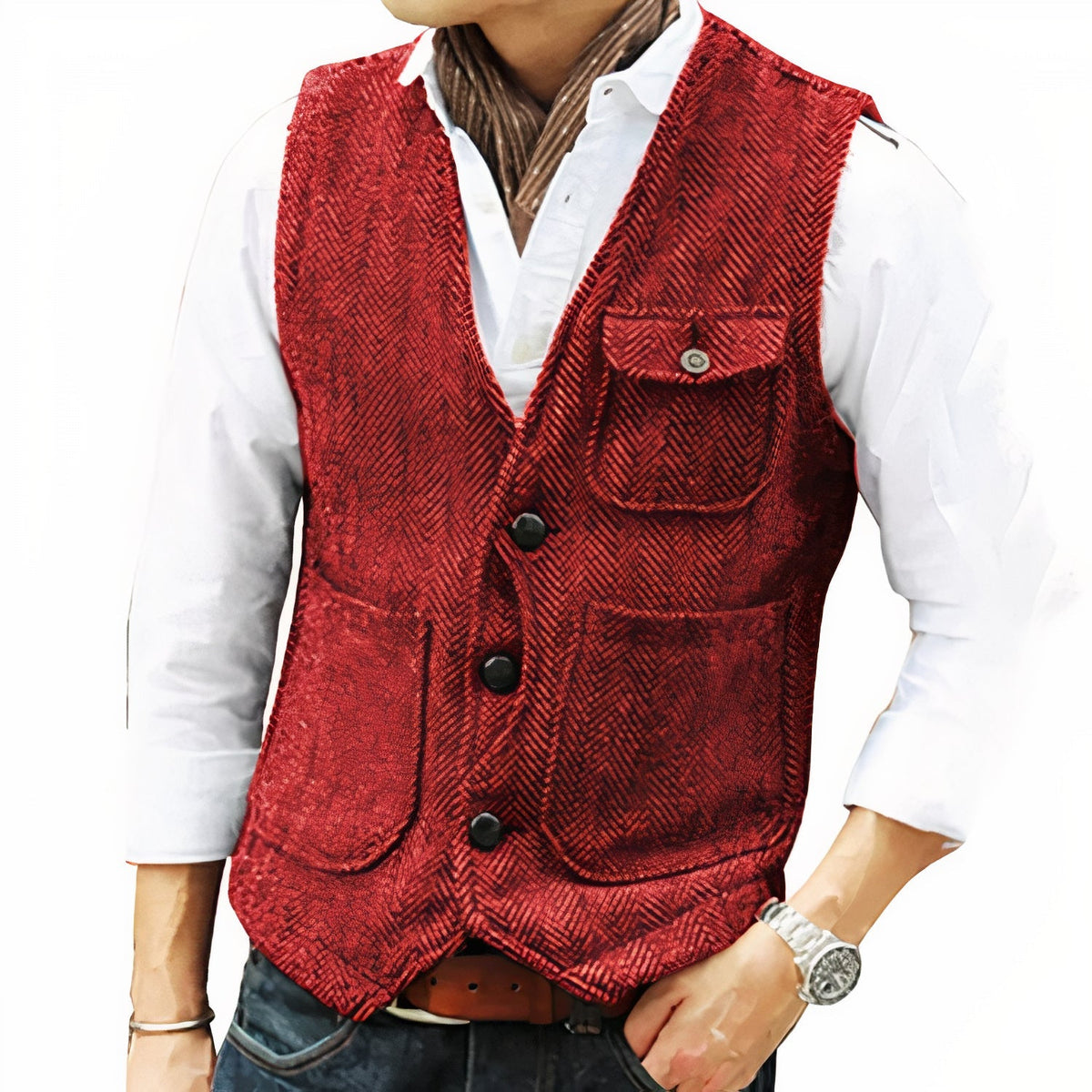 Gilet pour hommes à motif en chevrons avec col en V et poches à rabat - Coupe ajustée