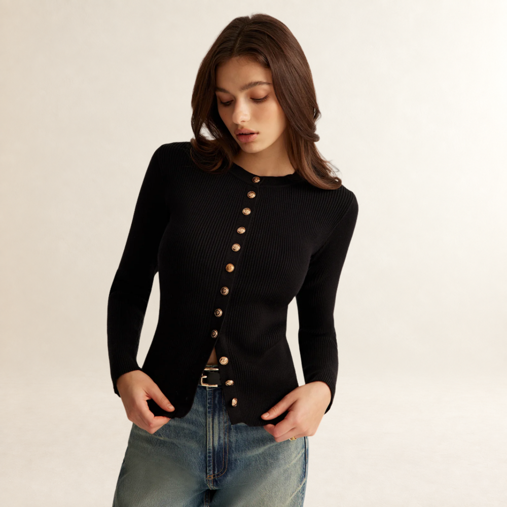 Haut à boutons pour femmes à manches longues coupe slim texture côtelée