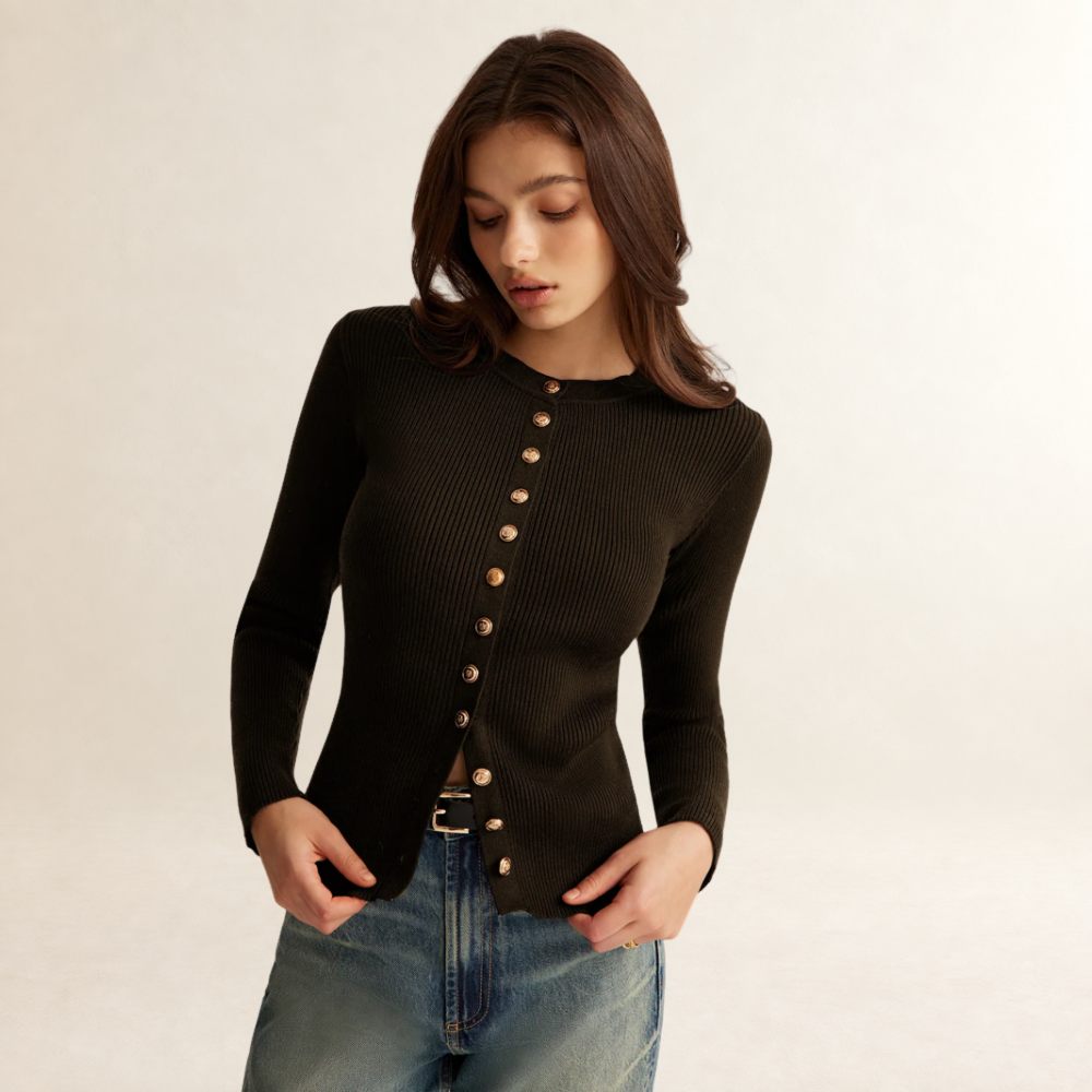 Haut à boutons pour femmes à manches longues coupe slim texture côtelée