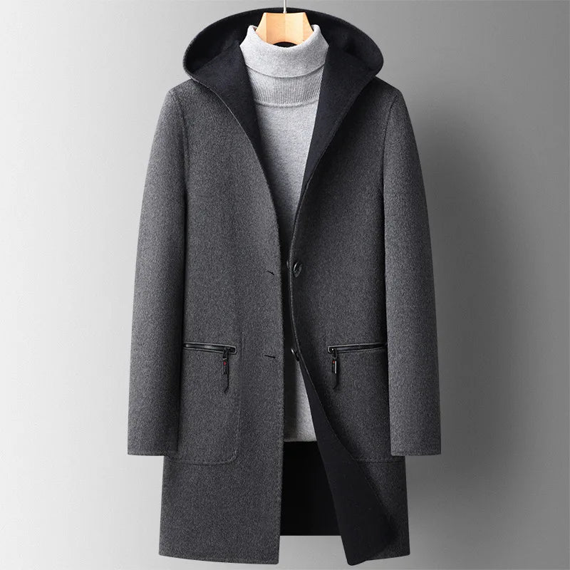 Hooded Overcoat for Men - Tailored Fit with Button Closure and Pockets