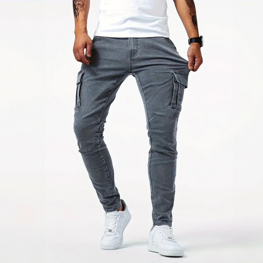 Jeans cargo homme coupe slim stretch avec poches latérales