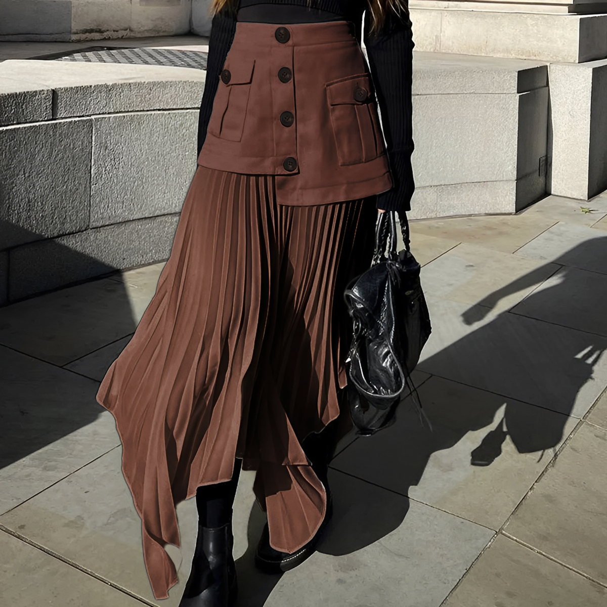 Jupe midi femme plissée, asymétrique, boutonnée, coupe décontractée et longueur midi