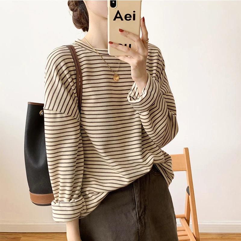 Long-Sleeve Shirt for Women - Striped Pattern with Relaxed Fit