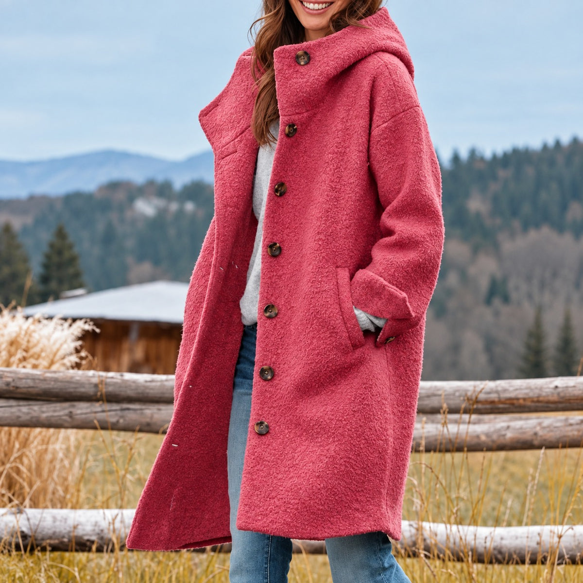 Longue parka femme à capuche et fermeture à boutons - coupe décontractée