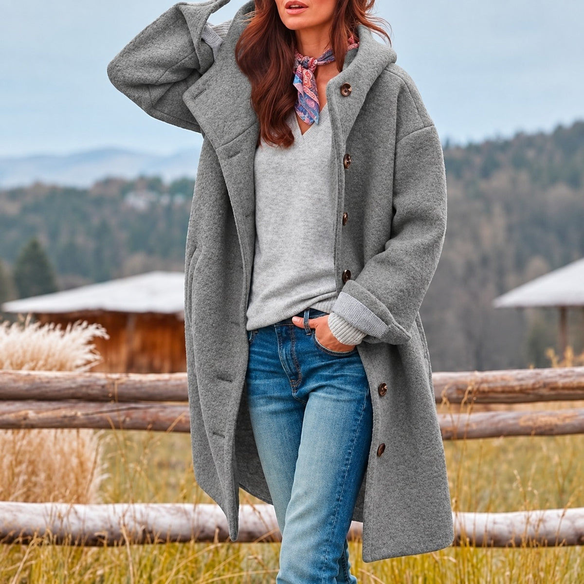 Longue parka femme à capuche et fermeture à boutons - coupe décontractée