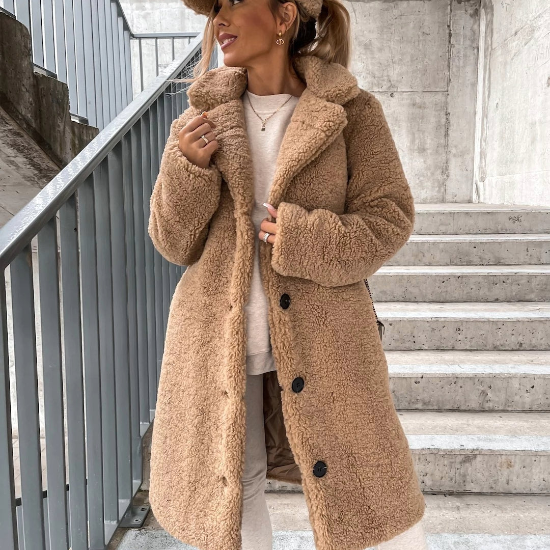 Manteau en peluche pour femme long à col large coupe ajustée manches longues