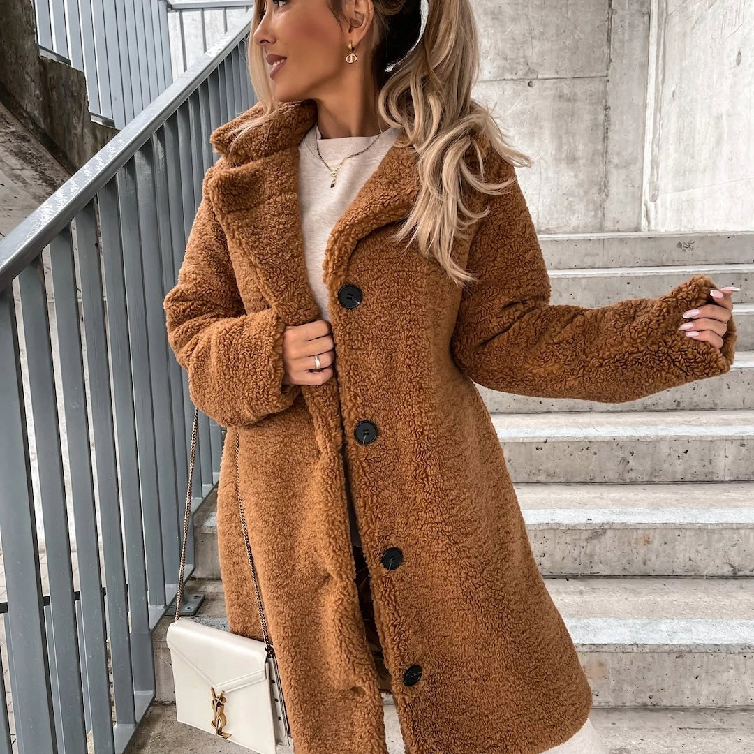 Manteau en peluche pour femme long à col large coupe ajustée manches longues