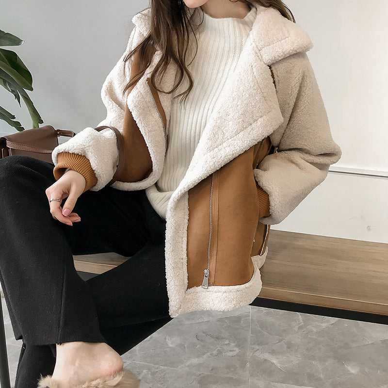 Manteau en peluche pour femmes col large coupe oversize poches zippées manches bouffantes